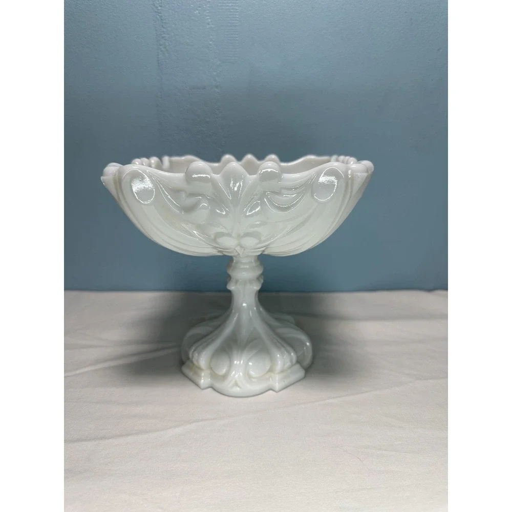 Vintage Portieux Vallerysthal French White Milk Glass Scrolled Compote Dish